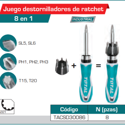 JUEGO DESARMADORES 8 PZS CON RATCH  TOTAL 50512 TACSD30086