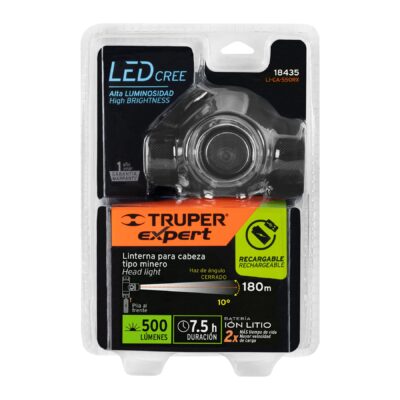 LINTERNA DE FRENTE RECARGABLE TIPO MINERO 500LM TRUPER 18435